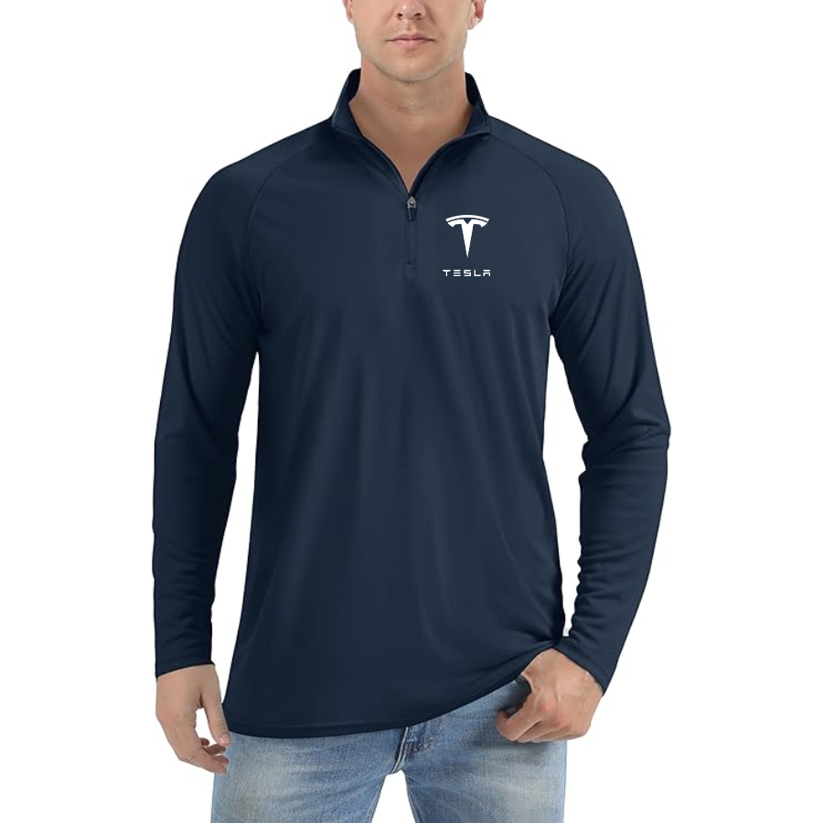 Men’s Tesla Car - Lightweight Quarter-Zip Athletic Shirt – Long Sleeve Polyester Wear